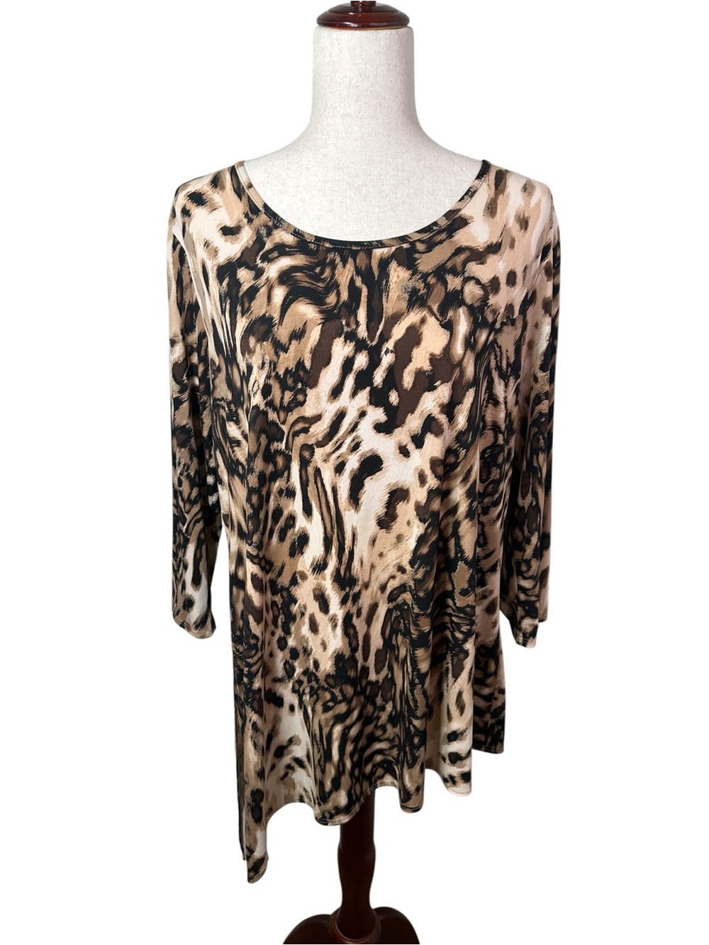 Susan Graver Animal Print Liquid Knit Tunic Top L Brown Black 3/4 Sleeve